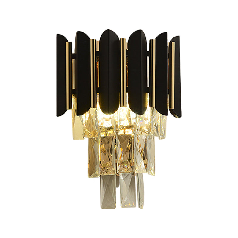 Black Finish 2 Heads Wall Light Fixture Modern Clear Faceted Crystals Tapered Flush Wall Sconce Clearhalo 'Modern wall lights' 'Modern' 'Wall Lamps & Sconces' 'Wall Lights' Lighting' 1418979