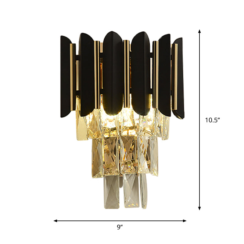 Black Finish 2 Heads Wall Light Fixture Modern Clear Faceted Crystals Tapered Flush Wall Sconce Clearhalo 'Modern wall lights' 'Modern' 'Wall Lamps & Sconces' 'Wall Lights' Lighting' 1418980