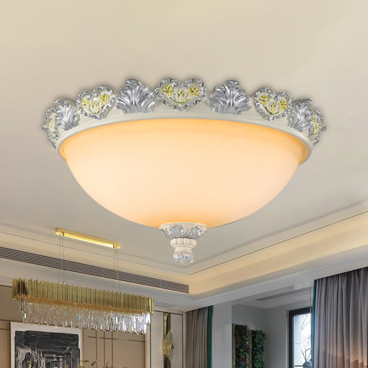 Classic Domed Flush Mount Fixture 3-Bulb 15"/19" Wide Frosted Glass Ceiling Lighting with Blossom Edge in Silver Silver Clearhalo 'Ceiling Lights' 'Close To Ceiling Lights' 'Close to ceiling' 'Flush mount' Lighting' 1418987