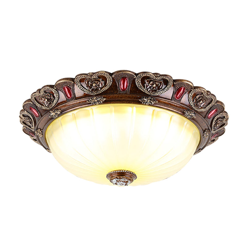 Dome Living Room Flush Light Farmhouse Ribbed Milky Glass LED Brown Ceiling Mounted Fixture, 12"/16"/19.5" Width Clearhalo 'Ceiling Lights' 'Close To Ceiling Lights' 'Close to ceiling' 'Flush mount' Lighting' 1419005