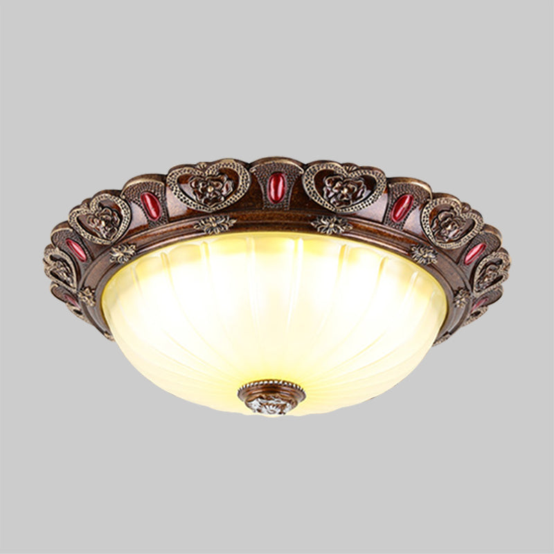 Dome Living Room Flush Light Farmhouse Ribbed Milky Glass LED Brown Ceiling Mounted Fixture, 12"/16"/19.5" Width Clearhalo 'Ceiling Lights' 'Close To Ceiling Lights' 'Close to ceiling' 'Flush mount' Lighting' 1419006