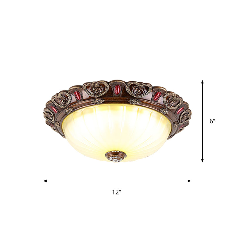 Dome Living Room Flush Light Farmhouse Ribbed Milky Glass LED Brown Ceiling Mounted Fixture, 12"/16"/19.5" Width Clearhalo 'Ceiling Lights' 'Close To Ceiling Lights' 'Close to ceiling' 'Flush mount' Lighting' 1419007