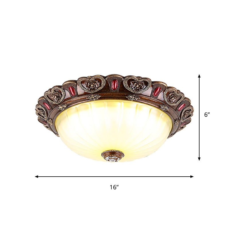 Dome Living Room Flush Light Farmhouse Ribbed Milky Glass LED Brown Ceiling Mounted Fixture, 12"/16"/19.5" Width Clearhalo 'Ceiling Lights' 'Close To Ceiling Lights' 'Close to ceiling' 'Flush mount' Lighting' 1419008