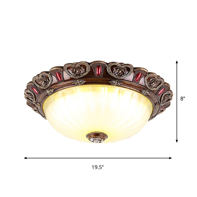 Dome Living Room Flush Light Farmhouse Ribbed Milky Glass LED Brown Ceiling Mounted Fixture, 12"/16"/19.5" Width Clearhalo 'Ceiling Lights' 'Close To Ceiling Lights' 'Close to ceiling' 'Flush mount' Lighting' 1419009