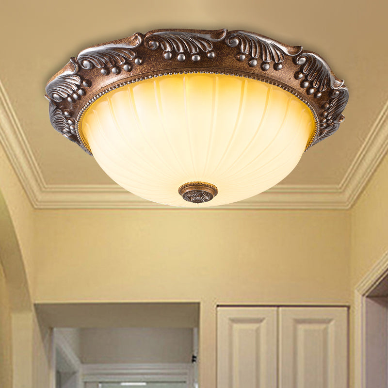 Brown 14"/16" W LED Ceiling Fixture Country Style Fluted Opal Glass Domed Flush Mount Lighting Brown Clearhalo 'Ceiling Lights' 'Close To Ceiling Lights' 'Close to ceiling' 'Flush mount' Lighting' 1419017