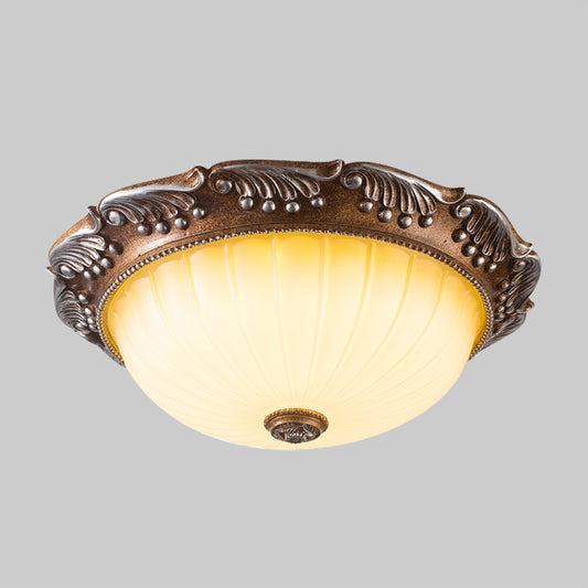 Brown 14"/16" W LED Ceiling Fixture Country Style Fluted Opal Glass Domed Flush Mount Lighting Clearhalo 'Ceiling Lights' 'Close To Ceiling Lights' 'Close to ceiling' 'Flush mount' Lighting' 1419019