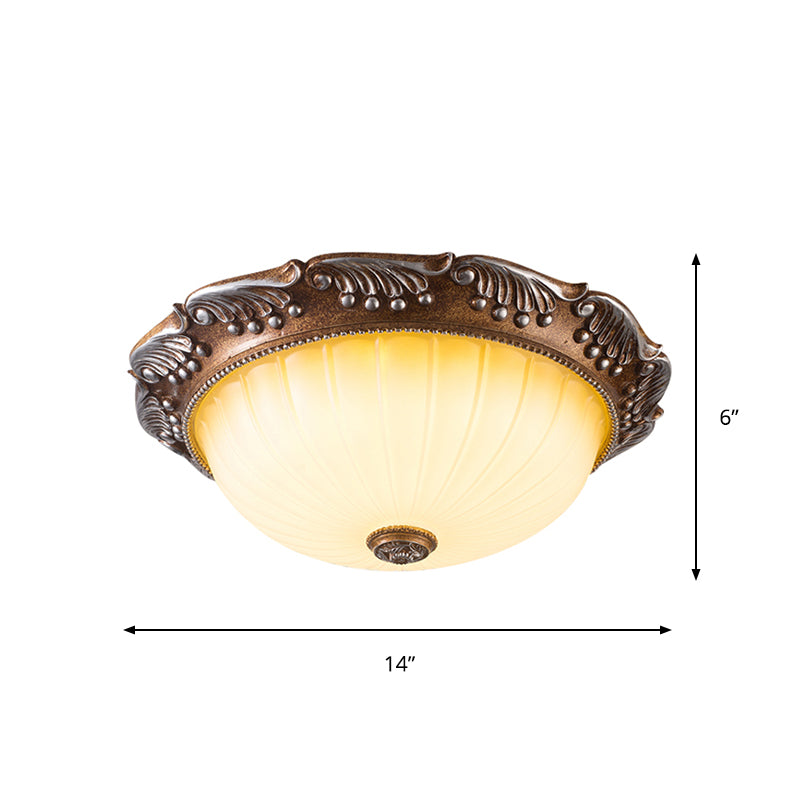 Brown 14"/16" W LED Ceiling Fixture Country Style Fluted Opal Glass Domed Flush Mount Lighting Clearhalo 'Ceiling Lights' 'Close To Ceiling Lights' 'Close to ceiling' 'Flush mount' Lighting' 1419020