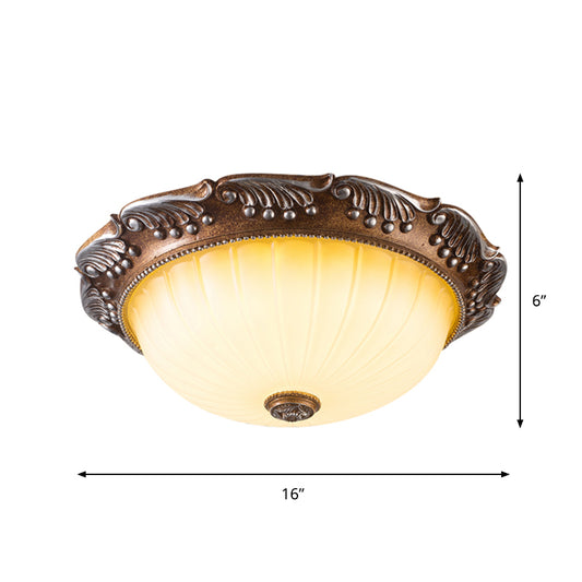 Brown 14"/16" W LED Ceiling Fixture Country Style Fluted Opal Glass Domed Flush Mount Lighting Clearhalo 'Ceiling Lights' 'Close To Ceiling Lights' 'Close to ceiling' 'Flush mount' Lighting' 1419021