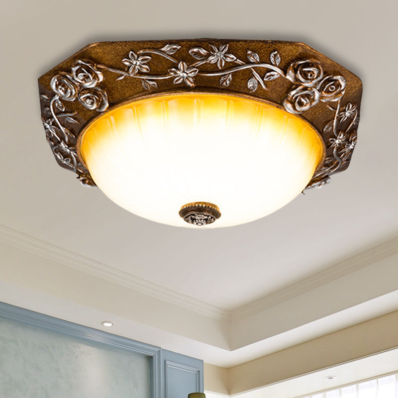 Milky Fluted Glass Round Flush Mount Traditional Dining Room LED Ceiling Light Fixture with Carving Bloom Decor in Brown, 14"/16" Wide Brown Clearhalo 'Ceiling Lights' 'Close To Ceiling Lights' 'Close to ceiling' 'Flush mount' Lighting' 1419022