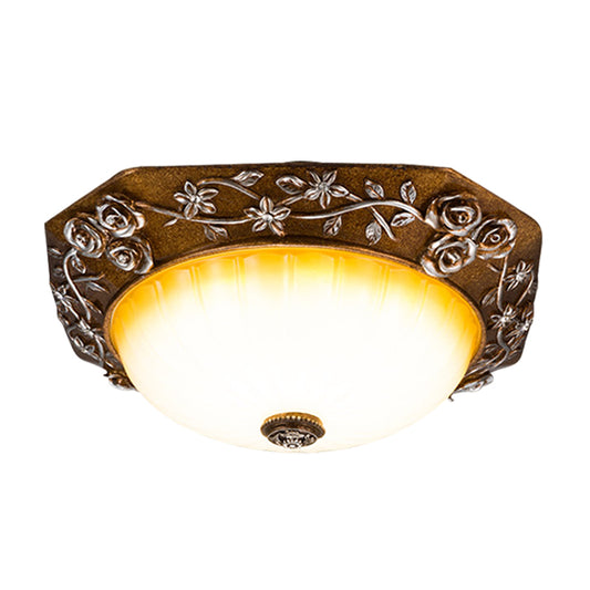 Milky Fluted Glass Round Flush Mount Traditional Dining Room LED Ceiling Light Fixture with Carving Bloom Decor in Brown, 14"/16" Wide Clearhalo 'Ceiling Lights' 'Close To Ceiling Lights' 'Close to ceiling' 'Flush mount' Lighting' 1419023