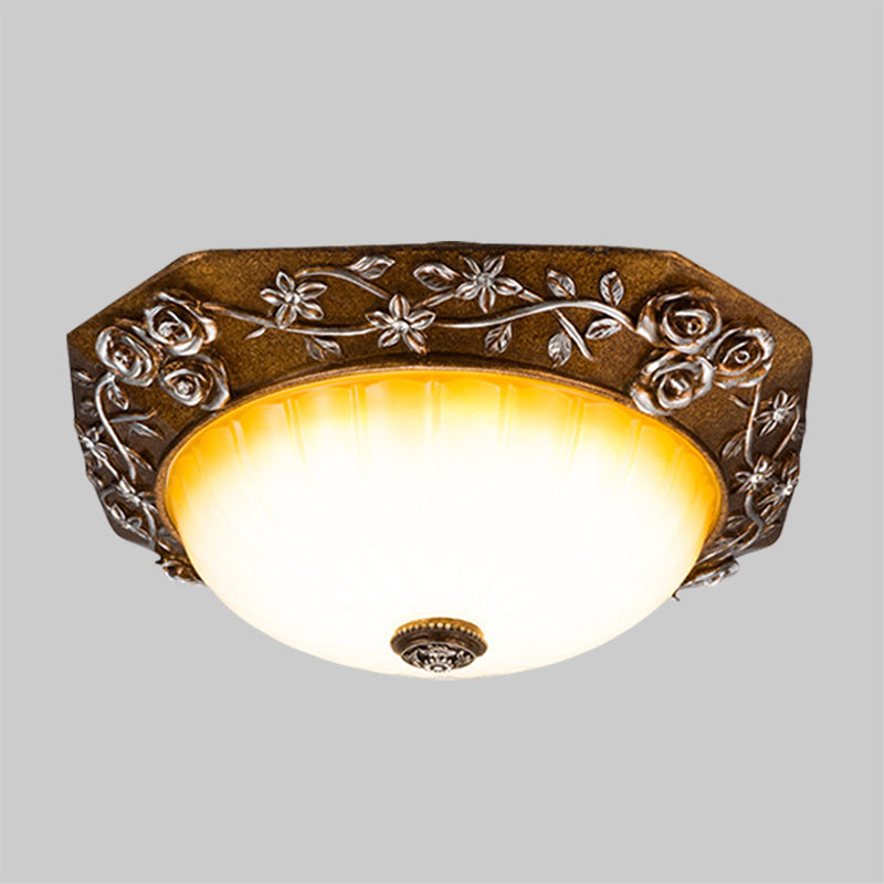 Milky Fluted Glass Round Flush Mount Traditional Dining Room LED Ceiling Light Fixture with Carving Bloom Decor in Brown, 14"/16" Wide Clearhalo 'Ceiling Lights' 'Close To Ceiling Lights' 'Close to ceiling' 'Flush mount' Lighting' 1419024