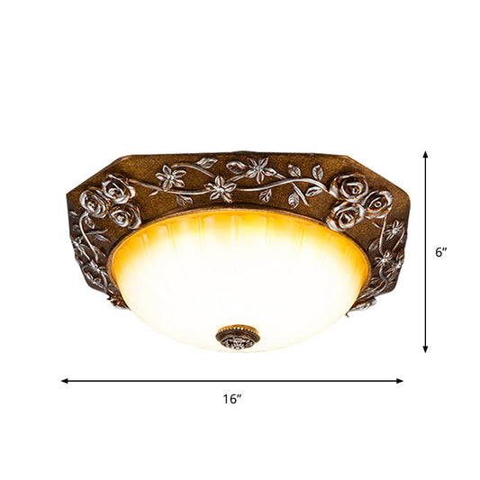 Milky Fluted Glass Round Flush Mount Traditional Dining Room LED Ceiling Light Fixture with Carving Bloom Decor in Brown, 14"/16" Wide Clearhalo 'Ceiling Lights' 'Close To Ceiling Lights' 'Close to ceiling' 'Flush mount' Lighting' 1419026