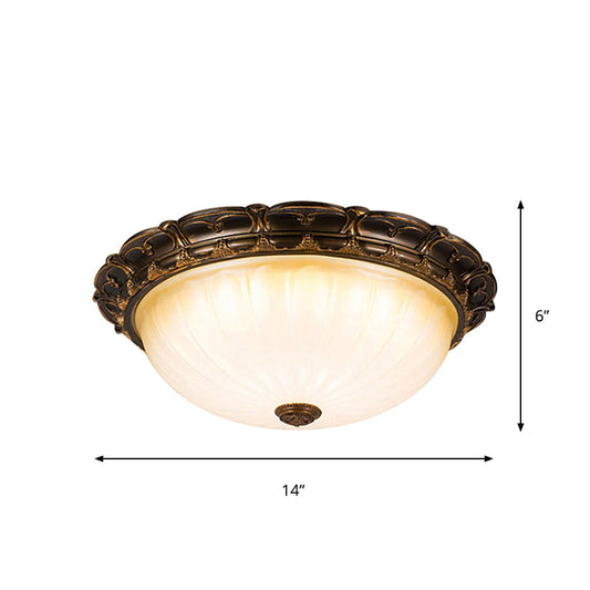 14"/16" W Vintage Dome-Like Ceiling Lamp White Ribbed Glass LED Flush Mount Fixture in Brown Clearhalo 'Ceiling Lights' 'Close To Ceiling Lights' 'Close to ceiling' 'Flush mount' Lighting' 1419034