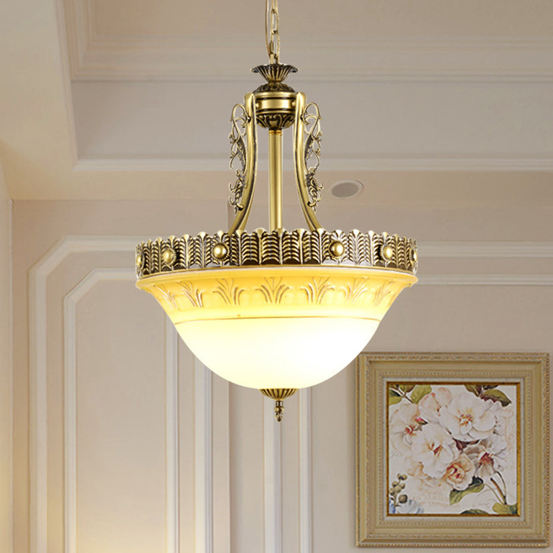 Beige/Brass Bell Shape Hanging Lamp Rustic Style Milky Glass 12"/16"/19.5" Wide Single Head Hallway Down Lighting Pendant Brass Clearhalo 'Ceiling Lights' 'Close To Ceiling Lights' 'Glass shade' 'Glass' 'Pendant Lights' 'Pendants' Lighting' 1419051