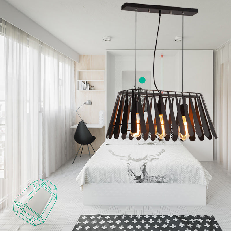 Black Linear Cage Island Hanging Ceiling Light Industrial Stylish Metal 3 Lights Kitchen Pendant Lamp Black Clearhalo 'Ceiling Lights' 'Island Lights' Lighting' 141907