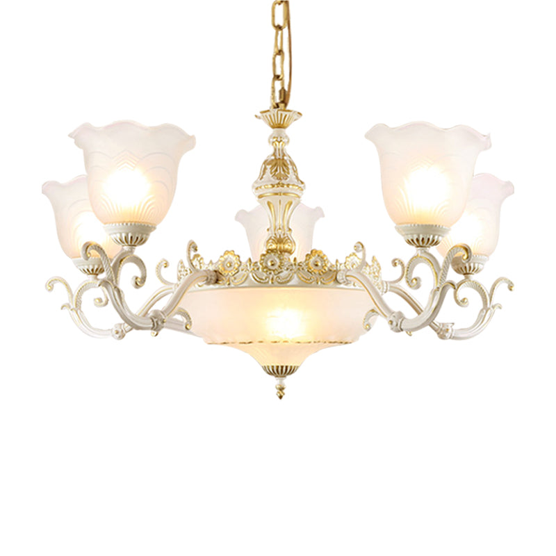 Opaline Glass Flower Ceiling Lamp Traditional 5/7-Light Drawing Room Pendant Chandelier in White and Gold Clearhalo 'Ceiling Lights' 'Chandeliers' 'Glass shade' 'Glass' Lighting' 1419071