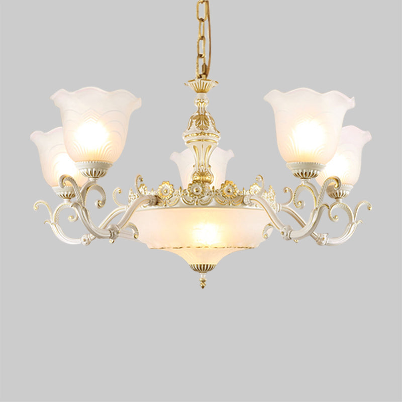 Opaline Glass Flower Ceiling Lamp Traditional 5/7-Light Drawing Room Pendant Chandelier in White and Gold Clearhalo 'Ceiling Lights' 'Chandeliers' 'Glass shade' 'Glass' Lighting' 1419072