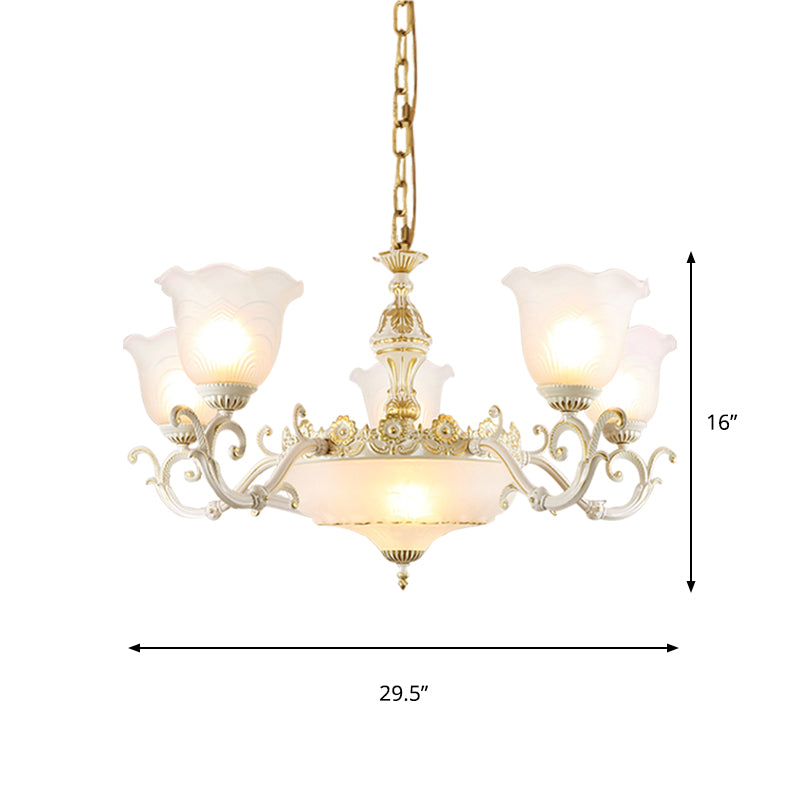 Opaline Glass Flower Ceiling Lamp Traditional 5/7-Light Drawing Room Pendant Chandelier in White and Gold Clearhalo 'Ceiling Lights' 'Chandeliers' 'Glass shade' 'Glass' Lighting' 1419073