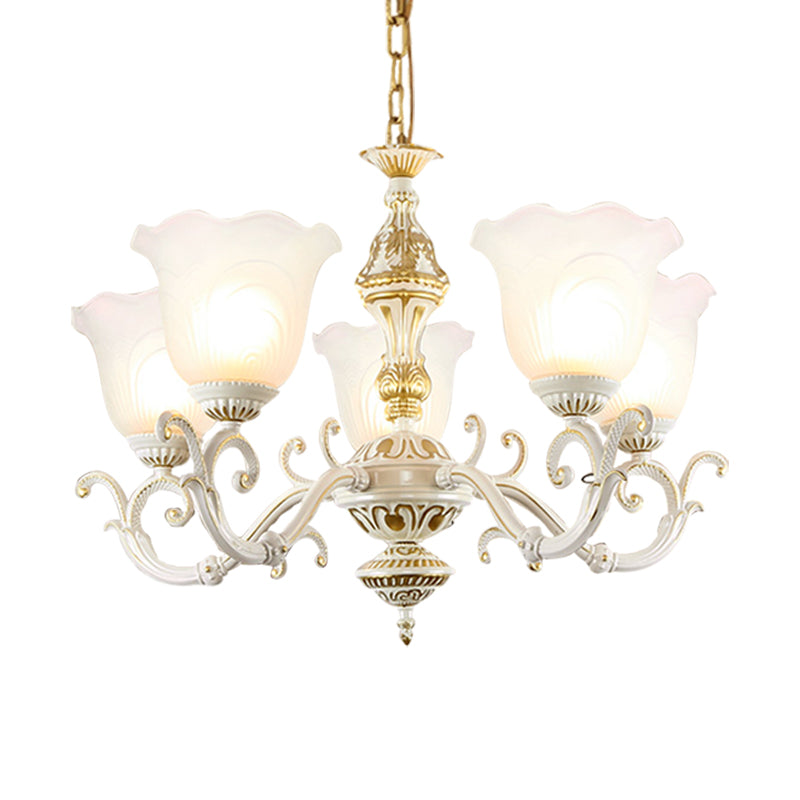 Opaline Glass Flower Ceiling Lamp Traditional 5/7-Light Drawing Room Pendant Chandelier in White and Gold Clearhalo 'Ceiling Lights' 'Chandeliers' 'Glass shade' 'Glass' Lighting' 1419080