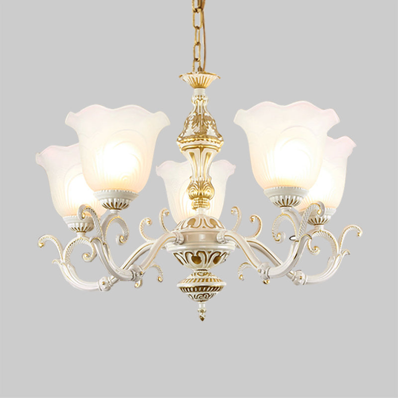 Opaline Glass Flower Ceiling Lamp Traditional 5/7-Light Drawing Room Pendant Chandelier in White and Gold Clearhalo 'Ceiling Lights' 'Chandeliers' 'Glass shade' 'Glass' Lighting' 1419081