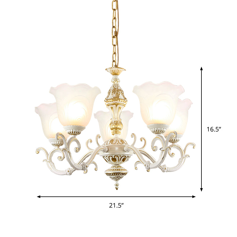 Opaline Glass Flower Ceiling Lamp Traditional 5/7-Light Drawing Room Pendant Chandelier in White and Gold Clearhalo 'Ceiling Lights' 'Chandeliers' 'Glass shade' 'Glass' Lighting' 1419082