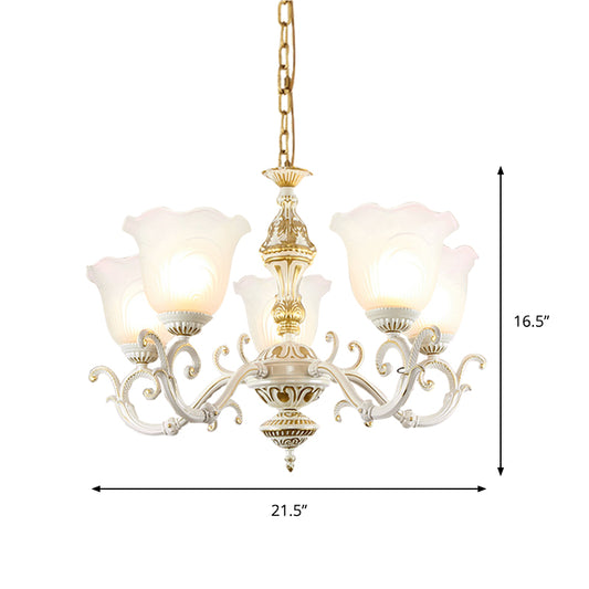 Opaline Glass Flower Ceiling Lamp Traditional 5/7-Light Drawing Room Pendant Chandelier in White and Gold Clearhalo 'Ceiling Lights' 'Chandeliers' 'Glass shade' 'Glass' Lighting' 1419082