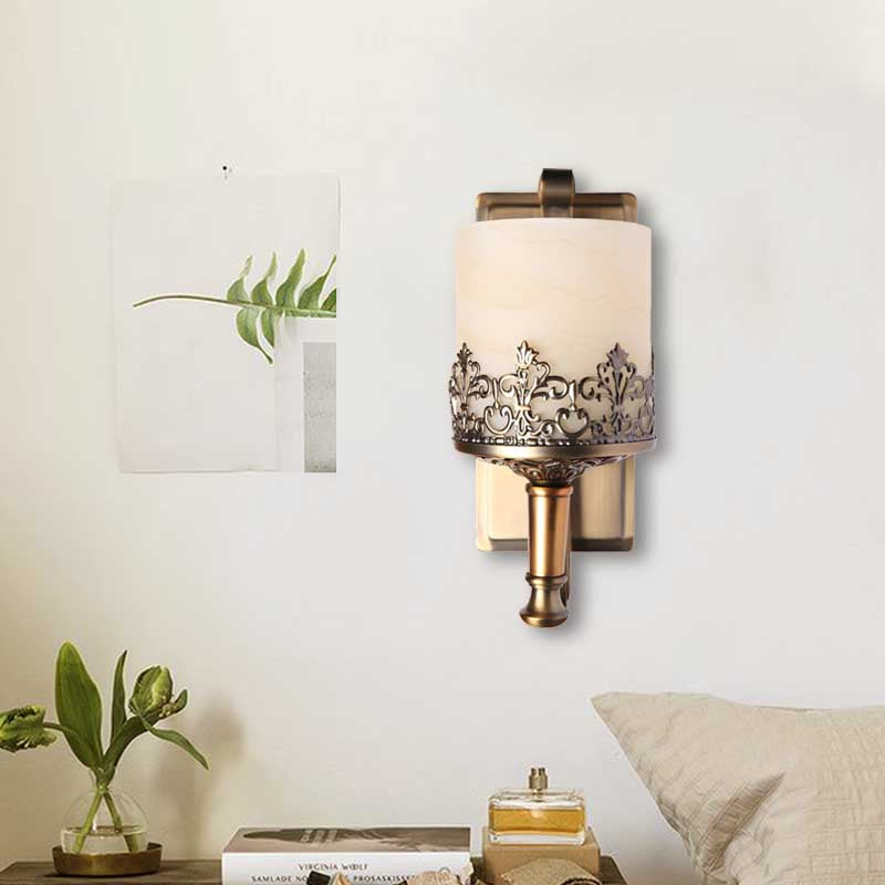 Antiqued Cylinder Wall Light Single Bulb White Glass Etching Wall Lighting Fixture in Gold Gold Clearhalo 'Wall Lamps & Sconces' 'Wall Lights' Lighting' 1419087