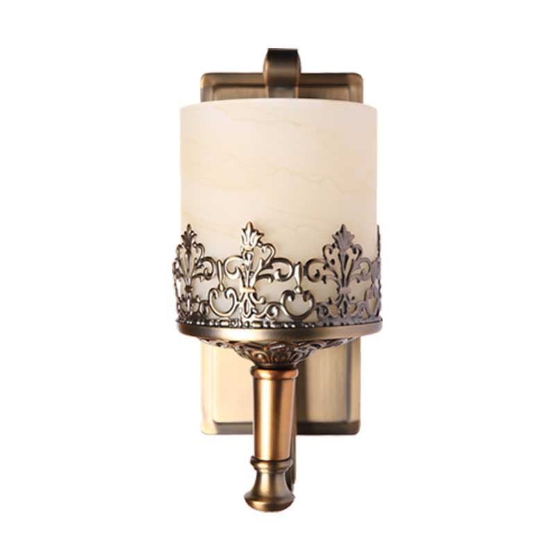 Antiqued Cylinder Wall Light Single Bulb White Glass Etching Wall Lighting Fixture in Gold Clearhalo 'Wall Lamps & Sconces' 'Wall Lights' Lighting' 1419088