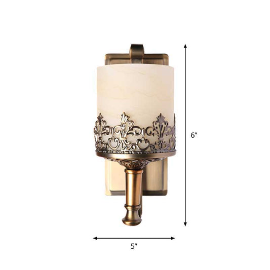 Antiqued Cylinder Wall Light Single Bulb White Glass Etching Wall Lighting Fixture in Gold Clearhalo 'Wall Lamps & Sconces' 'Wall Lights' Lighting' 1419090