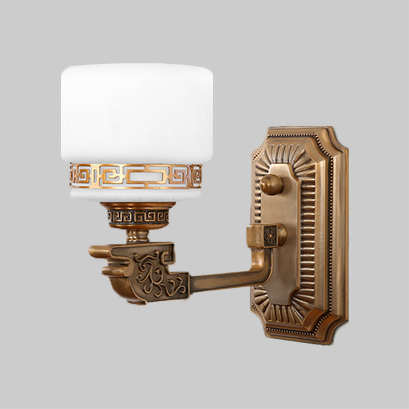 1-Head Cylindrical Wall Sconce Vintage Brass Milky Glass Wall Lighting Idea with Right Angle Arm Clearhalo 'Wall Lamps & Sconces' 'Wall Lights' Lighting' 1419093