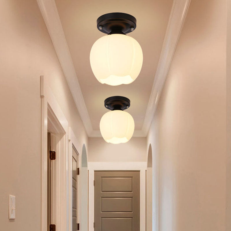 One Bulb Bowl Semi Flush Light Industrial Black Opal Glass Lighting Fixture for Corridor Clearhalo 'Ceiling Lights' 'Close To Ceiling Lights' 'Close to ceiling' 'Glass shade' 'Glass' 'Island Lights' 'Semi-flushmount' Lighting' 141912