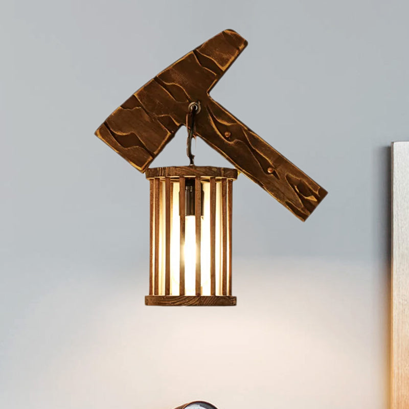 Cylinder Cage Sconce Light Wood Lodge Industrial 1 Light Wall Lighting for Coffee Shop Clearhalo 'Modern wall lights' 'Modern' 'Wall Lamps & Sconces' 'Wall Lights' Lighting' 1419223