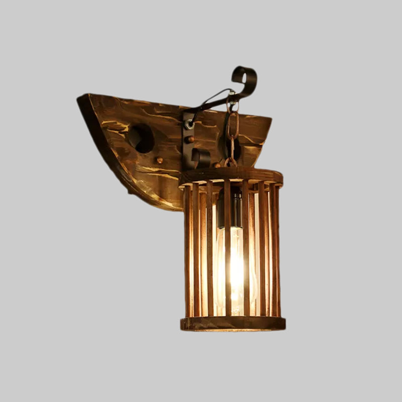 Cylinder Cage Sconce Light Wood Lodge Industrial 1 Light Wall Lighting for Coffee Shop Clearhalo 'Modern wall lights' 'Modern' 'Wall Lamps & Sconces' 'Wall Lights' Lighting' 1419225