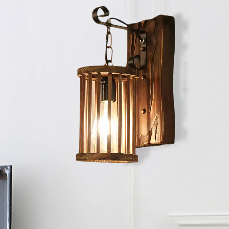 Cylinder Cage Sconce Light Wood Lodge Industrial 1 Light Wall Lighting for Coffee Shop Clearhalo 'Modern wall lights' 'Modern' 'Wall Lamps & Sconces' 'Wall Lights' Lighting' 1419226