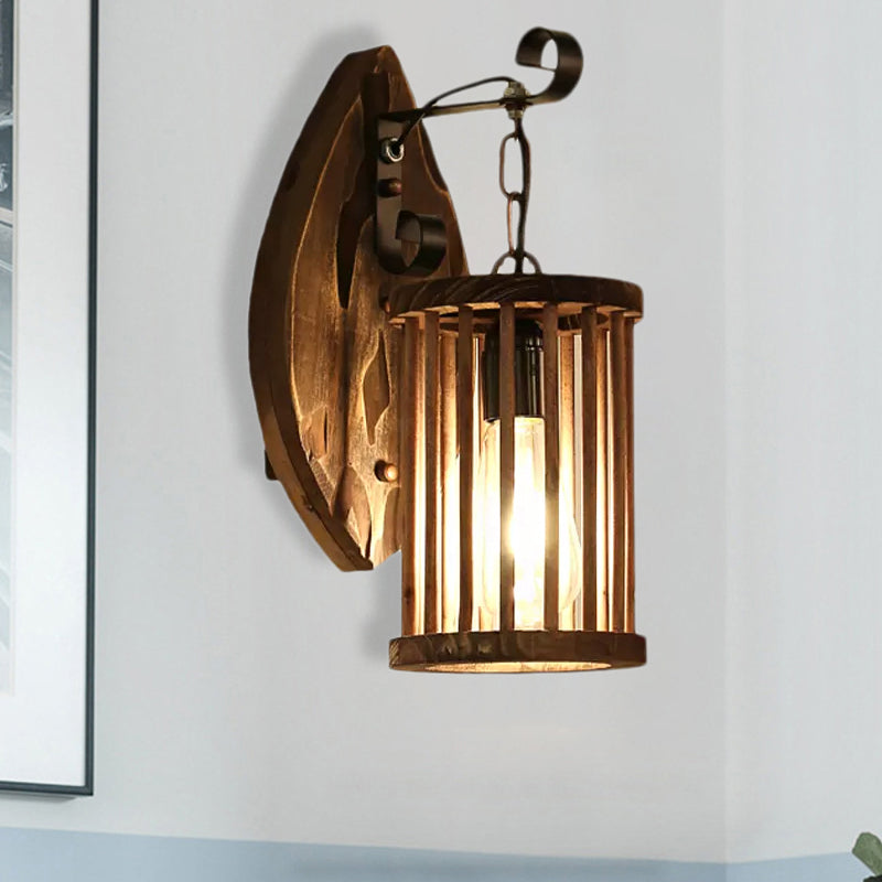 Cylinder Cage Sconce Light Wood Lodge Industrial 1 Light Wall Lighting for Coffee Shop Wood Rectangle Clearhalo 'Modern wall lights' 'Modern' 'Wall Lamps & Sconces' 'Wall Lights' Lighting' 1419227