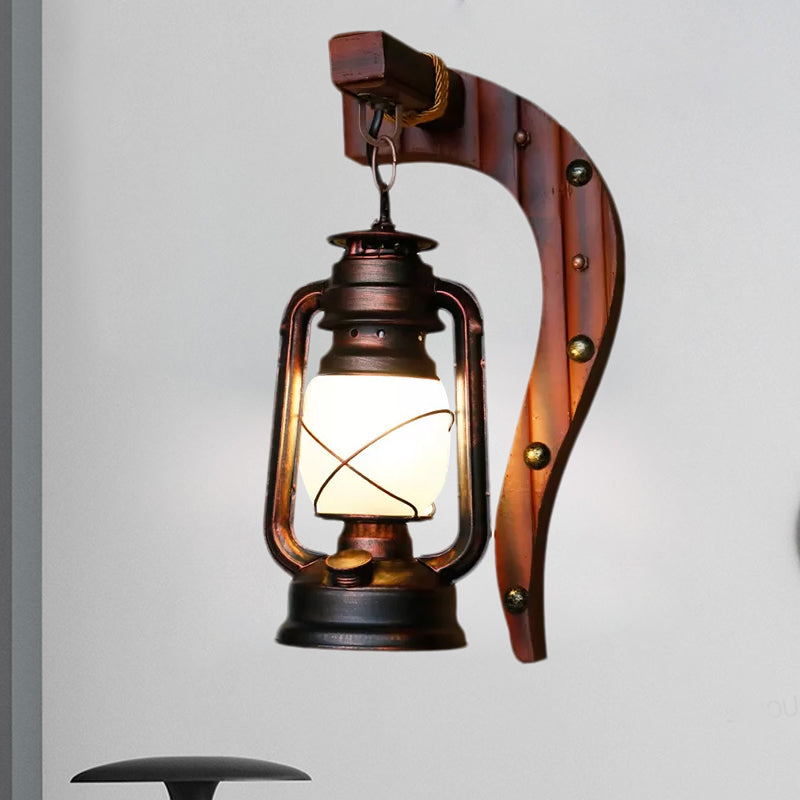 Antique Copper One Light Sconce Light Rustic Opal Glass Kerosene Lighting Fixture with Wooden Backplate Clearhalo 'Wall Lamps & Sconces' 'Wall Lights' Lighting' 1419230