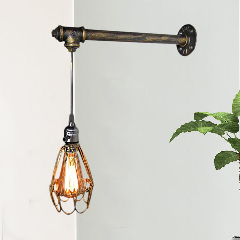 Industrial Style Wire Frame Wall Lamp Fixture with Pipe 1 Light Wrought Iron Wall Light in Aged Brass Clearhalo 'Art deco wall lights' 'Cast Iron' 'Glass' 'Industrial wall lights' 'Industrial' 'Middle century wall lights' 'Modern' 'Rustic wall lights' 'Tiffany' 'Traditional wall lights' 'Wall Lamps & Sconces' 'Wall Lights' Lighting' 1419254