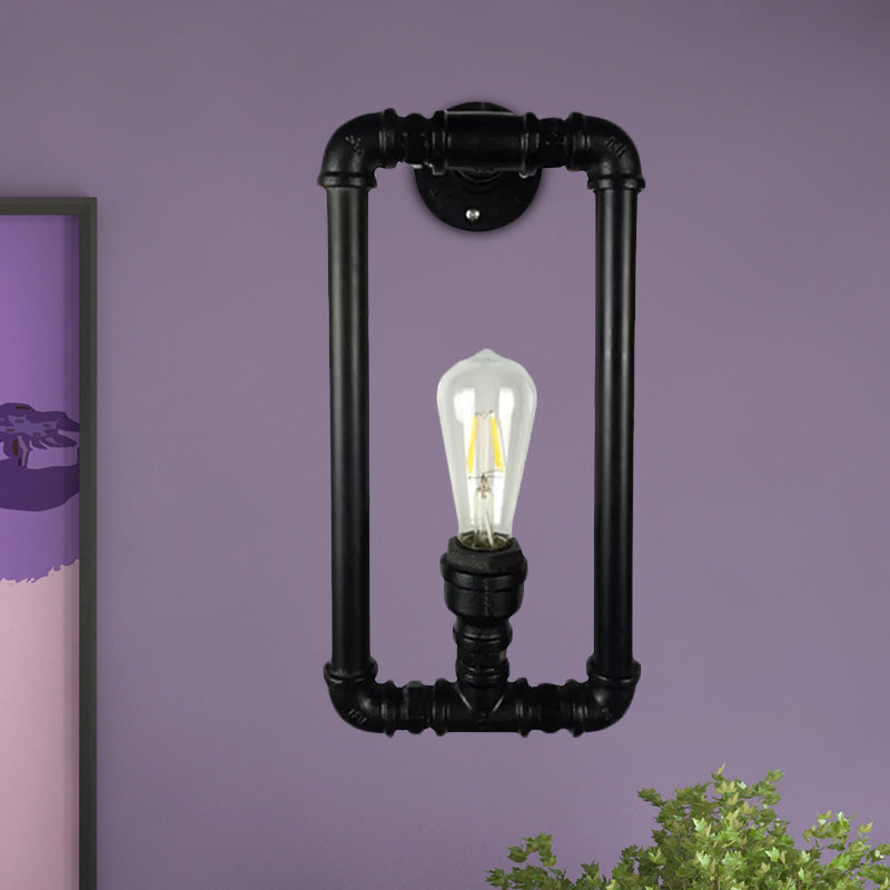 Matte Black Rectangle Wall Lighting Fixture with Pipe Design Industrial Metal 1 Light Bedroom Sconce Lamp Clearhalo 'Art deco wall lights' 'Cast Iron' 'Glass' 'Industrial wall lights' 'Industrial' 'Middle century wall lights' 'Modern' 'Rustic wall lights' 'Tiffany' 'Traditional wall lights' 'Wall Lamps & Sconces' 'Wall Lights' Lighting' 1419256