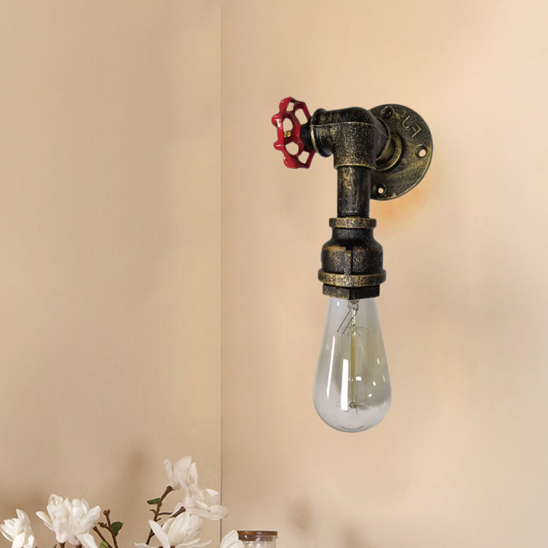 1 Head Metal Wall Lighting Industrial Black/Antique Brass Water Pipe Bedroom Sconce Light with Valve Clearhalo 'Art deco wall lights' 'Cast Iron' 'Glass' 'Industrial wall lights' 'Industrial' 'Middle century wall lights' 'Modern' 'Rustic wall lights' 'Tiffany' 'Traditional wall lights' 'Wall Lamps & Sconces' 'Wall Lights' Lighting' 1419259