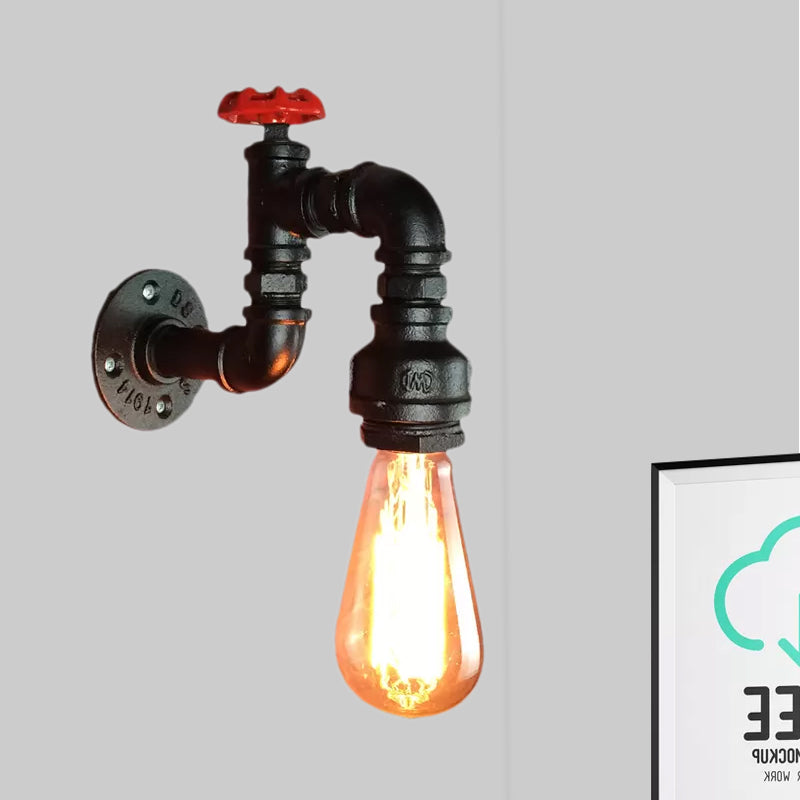 Black 1 Head Wall Sconce Light Rustic Industrial Metal Pipe Wall Lamp with Red Faucet Valve for Living Room Clearhalo 'Art deco wall lights' 'Cast Iron' 'Glass' 'Industrial wall lights' 'Industrial' 'Middle century wall lights' 'Modern' 'Rustic wall lights' 'Tiffany' 'Traditional wall lights' 'Wall Lamps & Sconces' 'Wall Lights' Lighting' 1419264