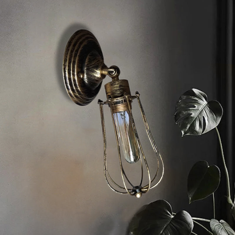 1 Head Wire Guard Wall Light Sconce with Bulb Shade Industrial Aged Brass/Antique Silver Iron Wall Lamp for Restaurant Clearhalo 'Art deco wall lights' 'Cast Iron' 'Glass' 'Industrial wall lights' 'Industrial' 'Middle century wall lights' 'Modern' 'Rustic wall lights' 'Tiffany' 'Traditional wall lights' 'Wall Lamps & Sconces' 'Wall Lights' Lighting' 1419277
