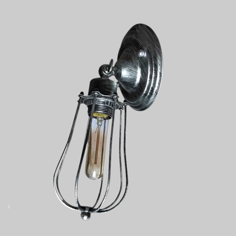 1 Head Wire Guard Wall Light Sconce with Bulb Shade Industrial Aged Brass/Antique Silver Iron Wall Lamp for Restaurant Clearhalo 'Art deco wall lights' 'Cast Iron' 'Glass' 'Industrial wall lights' 'Industrial' 'Middle century wall lights' 'Modern' 'Rustic wall lights' 'Tiffany' 'Traditional wall lights' 'Wall Lamps & Sconces' 'Wall Lights' Lighting' 1419279