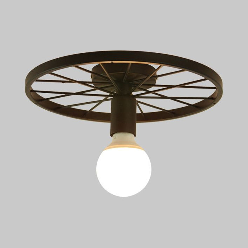 Wheel Shaped Corridor Semi Flush Pendant Light Retro Metal 1 Bulb Black Finish Semi Mount Lighting Clearhalo 'Ceiling Lights' 'Close To Ceiling Lights' 'Close to ceiling' 'Semi-flushmount' Lighting' 1419336