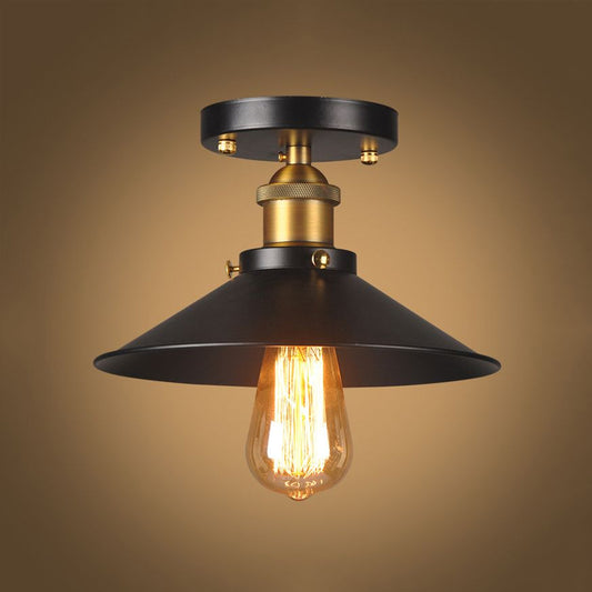 9.5"/10" Dia Flat Shade Corridor Ceiling Mounted Light Industrial Metallic 1 Head Semi Flush Light in Black Clearhalo 'Ceiling Lights' 'Close To Ceiling Lights' 'Close to ceiling' 'Semi-flushmount' Lighting' 1419340