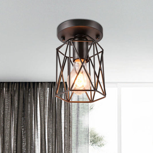 1 Head Wire Cage Semi Flush Light Vintage Style Black Metallic Ceiling Mounted Fixture for Kitchen Clearhalo 'Ceiling Lights' 'Close To Ceiling Lights' 'Close to ceiling' 'Semi-flushmount' Lighting' 1419341