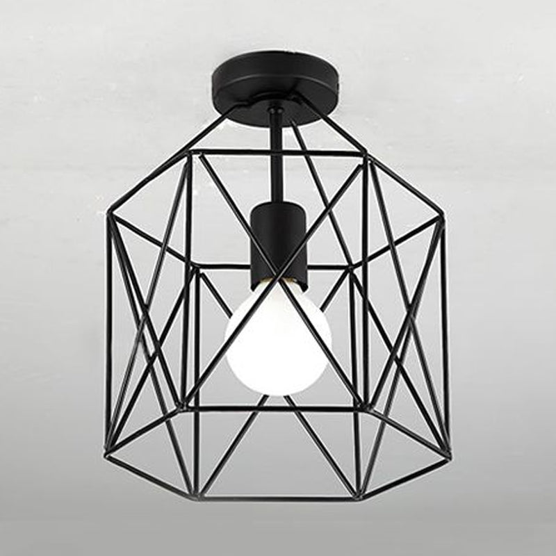 1 Head Geometric Cage Semi Mount Lighting Industrial Black Finish Metallic Semi-Flush Ceiling Fixture for Balcony Clearhalo 'Ceiling Lights' 'Close To Ceiling Lights' 'Close to ceiling' 'Semi-flushmount' Lighting' 1419342