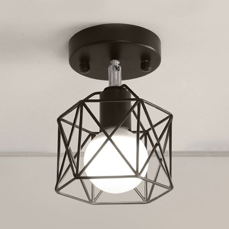 1 Light Hexagon Semi Flush Light with Wire Guard Industrial Loft Black Iron Ceiling Mounted Fixture for Kitchen Clearhalo 'Ceiling Lights' 'Close To Ceiling Lights' 'Close to ceiling' 'Semi-flushmount' Lighting' 1419343