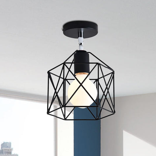 Cylinder/Drum Cage Bedroom Semi-Flush Ceiling Fixture Retro Vintage Metal 1 Head Black Rotatable Semi Flush Light Clearhalo 'Ceiling Lights' 'Close To Ceiling Lights' 'Close to ceiling' 'Semi-flushmount' Lighting' 1419346