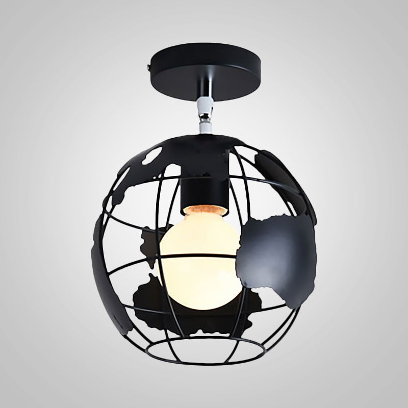 Black Globe/Oval Semi Flush Pendant Light with Cage Shade Industrial Iron 1 Light Corridor Ceiling Lighting Clearhalo 'Ceiling Lights' 'Close To Ceiling Lights' 'Close to ceiling' 'Semi-flushmount' Lighting' 1419348