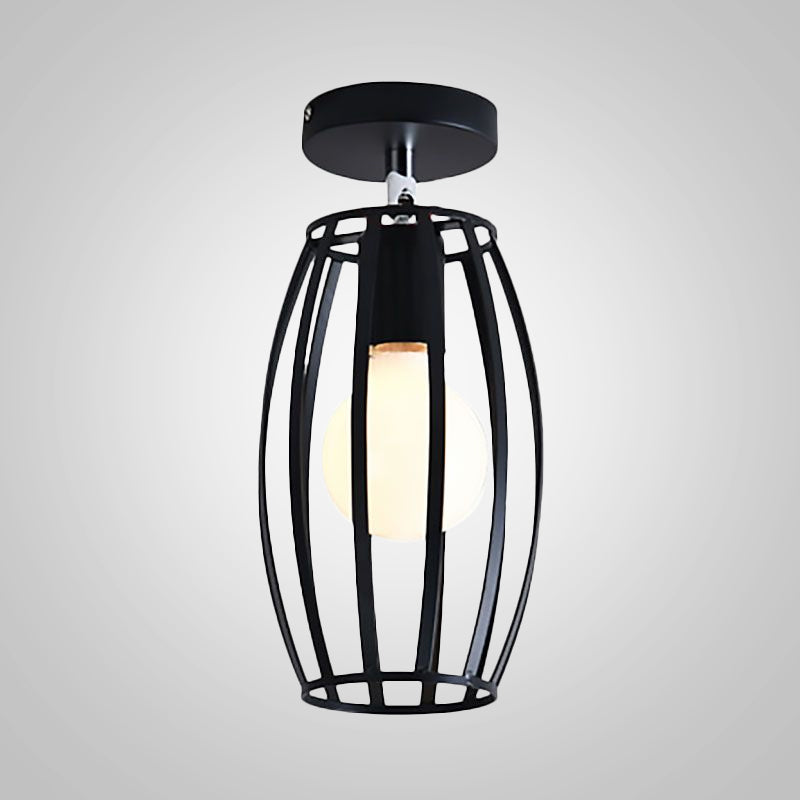 Black Globe/Oval Semi Flush Pendant Light with Cage Shade Industrial Iron 1 Light Corridor Ceiling Lighting Clearhalo 'Ceiling Lights' 'Close To Ceiling Lights' 'Close to ceiling' 'Semi-flushmount' Lighting' 1419349